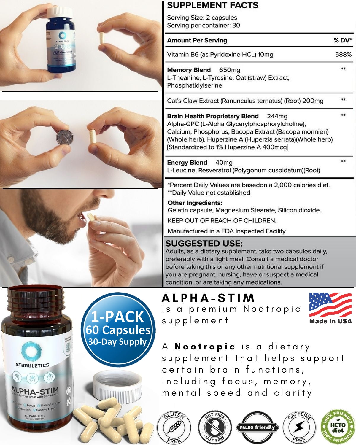 ALPHA-STIM Nootropic Brain Booster Supplement, 60 Capsules (30-Day Supply)